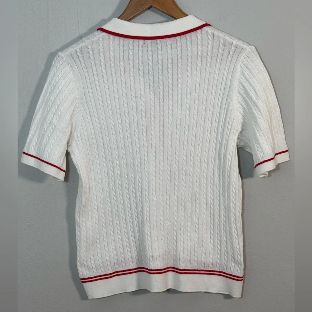 Adrianna Papell Cable Knit Polo Collar Top White Red Trim Size L NWT - Picture 3 of 6